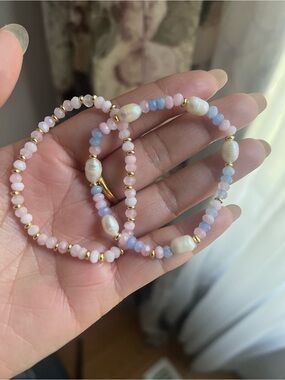 Delicate Pink Quartz & Blue Aquamarine & Pearl Bead Stretch Bracelet Set